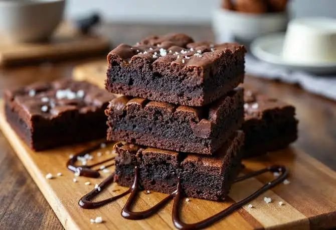 Freshly baked chocolate brownies displayed on a plate with a welcome message.